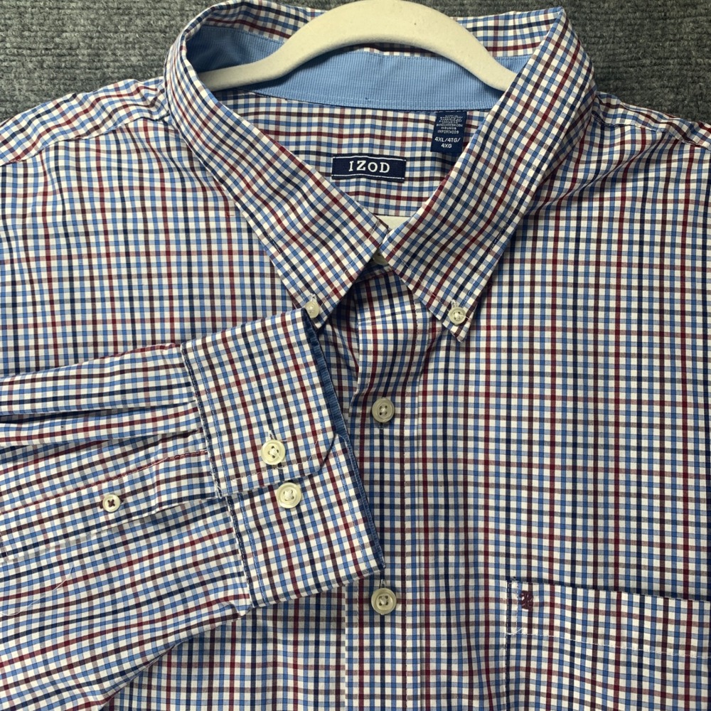 IZOD Mens 4XL Button Down Shirt Red White Blue Plaid Long Sleeve Big & Tall